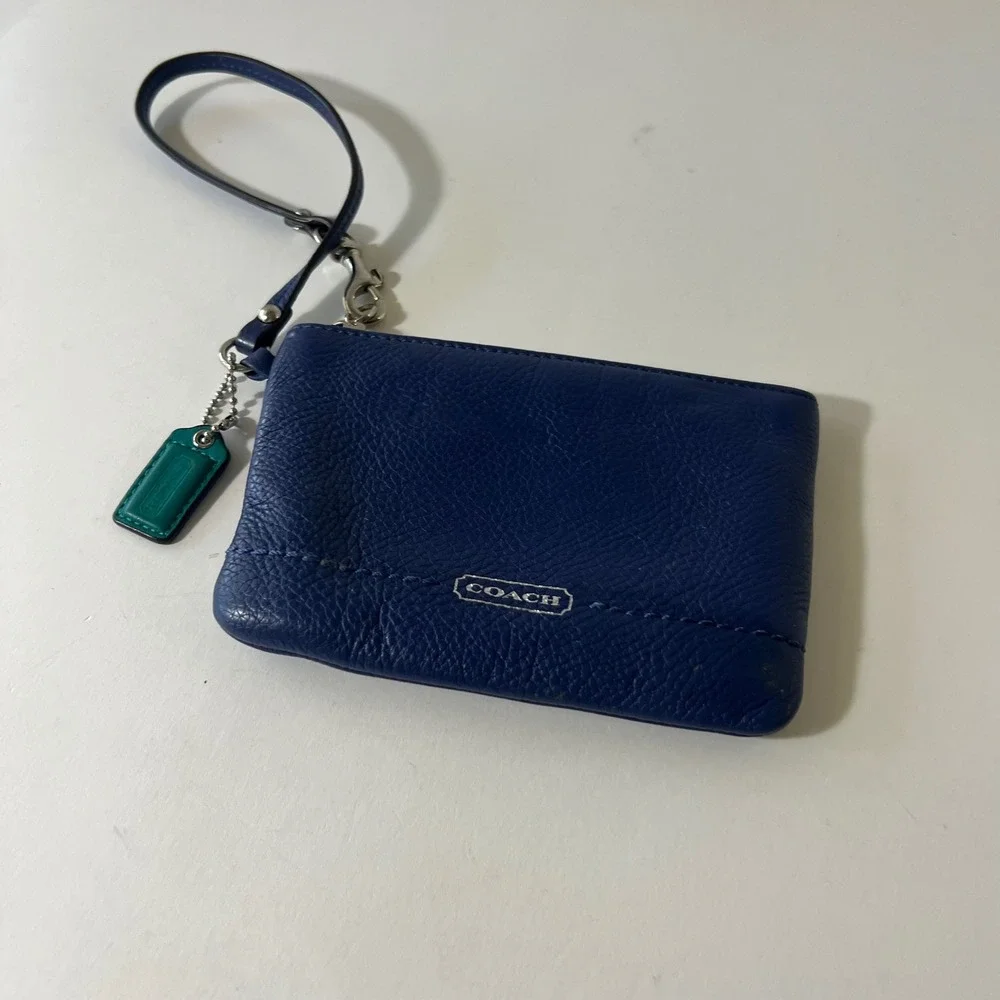 Coach Leather Wristlet Zipper & Bag Charm Blue‎ Green 4 x 5.5